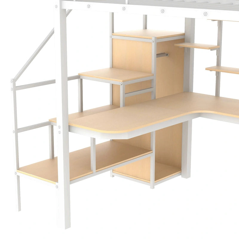 White Full Size Metal Loft Bed with Storage Staircase, Small Wardrobe, and Desk