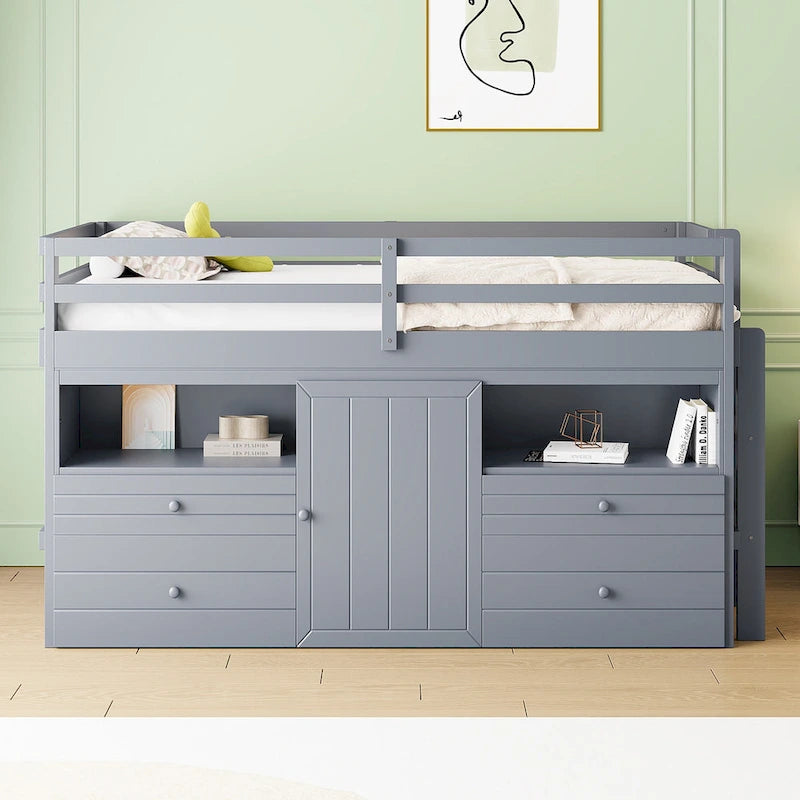 Graues Einzel-Hochbett aus Massivholz mit Schubladen und Schrank