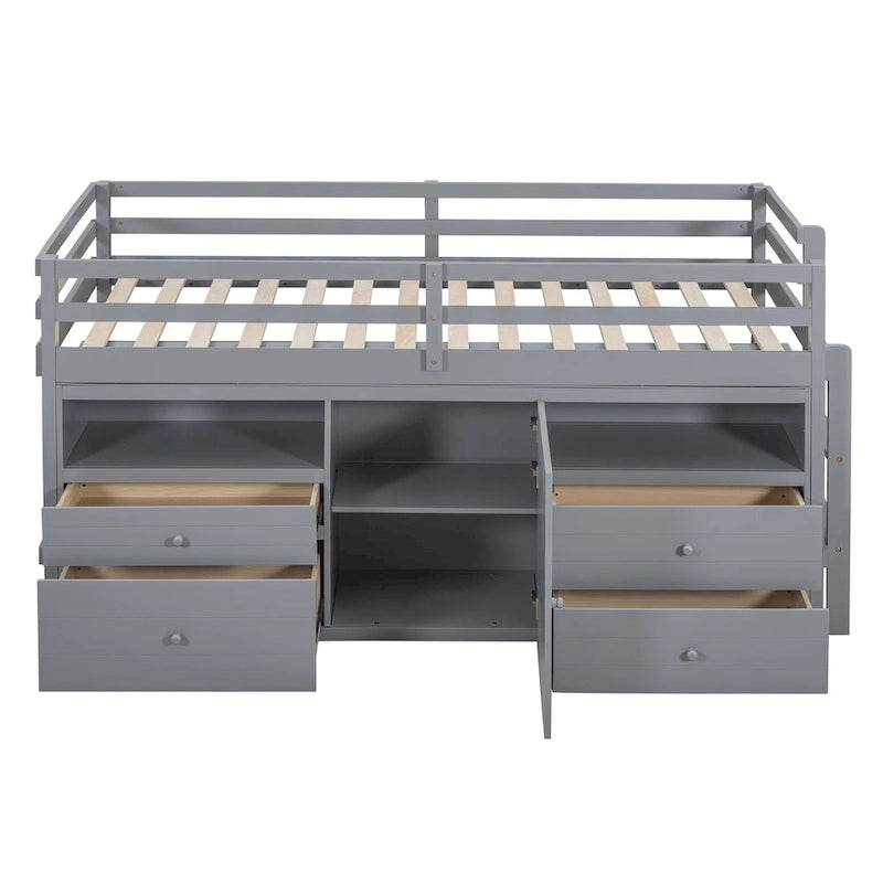 Graues Einzel-Hochbett aus Massivholz mit Schubladen und Schrank