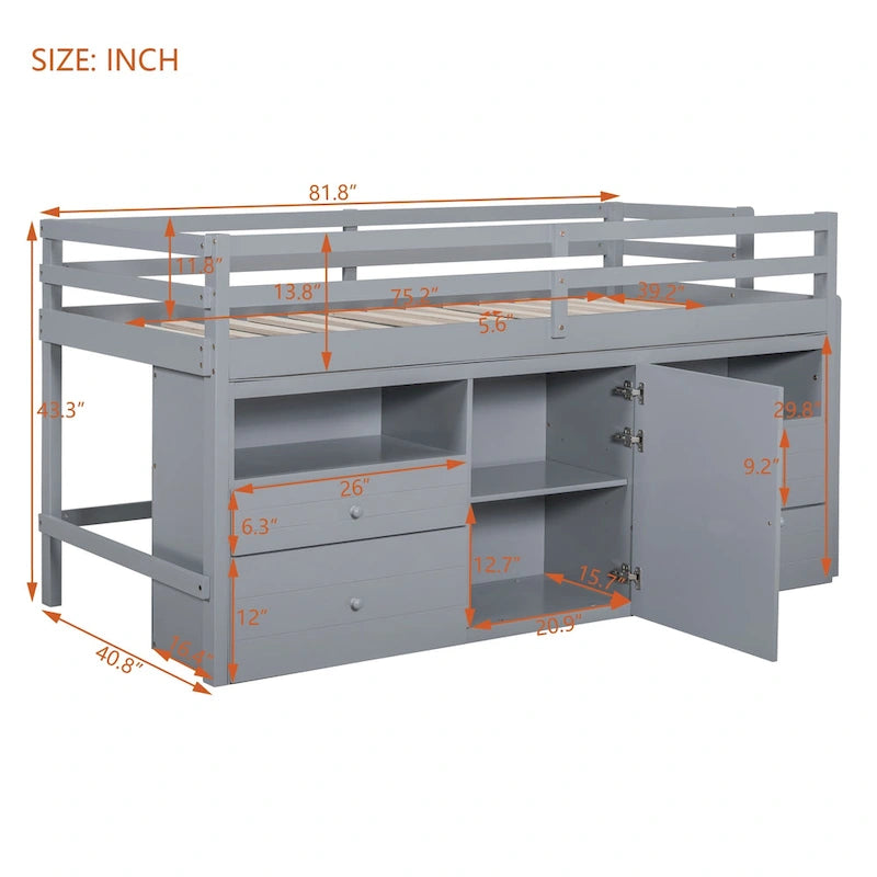 Graues Einzel-Hochbett aus Massivholz mit Schubladen und Schrank