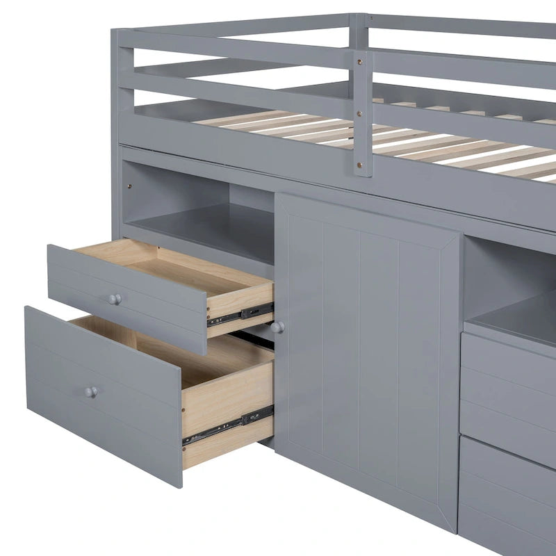 Letto a soppalco in legno massello grigio a una piazza con cassetti e armadietto