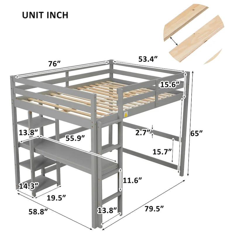 Letto a soppalco matrimoniale grigio in legno con scrivania integrata, sponde di sicurezza e scala per bambini, bambine e bambini