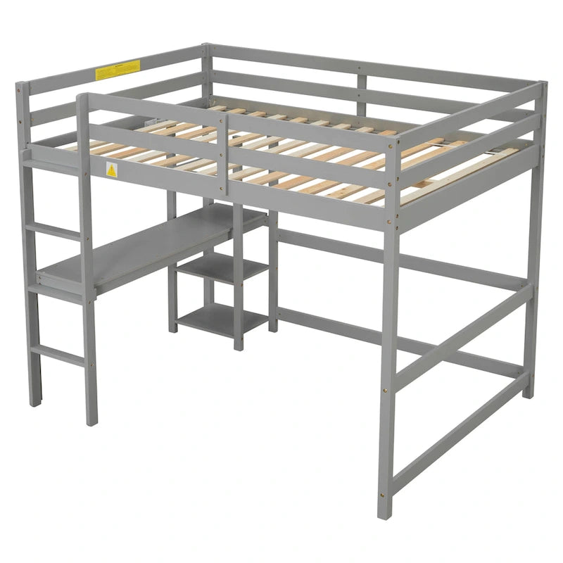 Graues Hochbett für eine Doppelmatratze aus Holz mit integriertem Schreibtisch, Sicherheitsgittern und Leiter für Kinder, Jungen und Mädchen