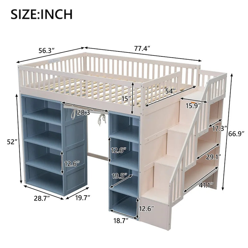 Weißes Hochbett in Full-Größe aus Massivholz mit Stauraumschränken und Vorhang