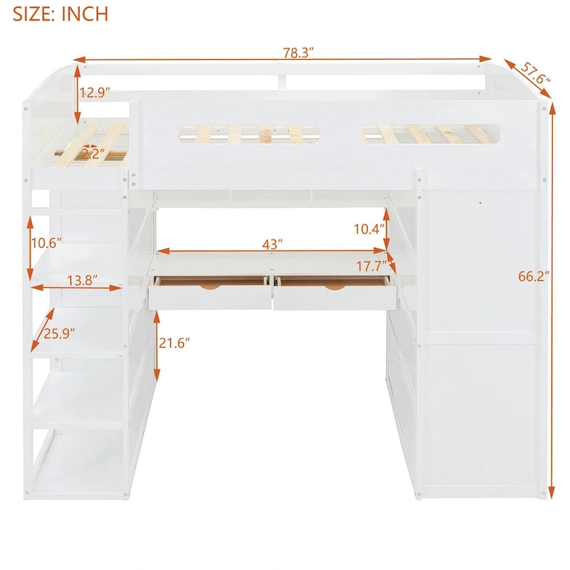 Letto a soppalco bianco in legno massello a una piazza e mezza con scrivania, armadi e ripiani