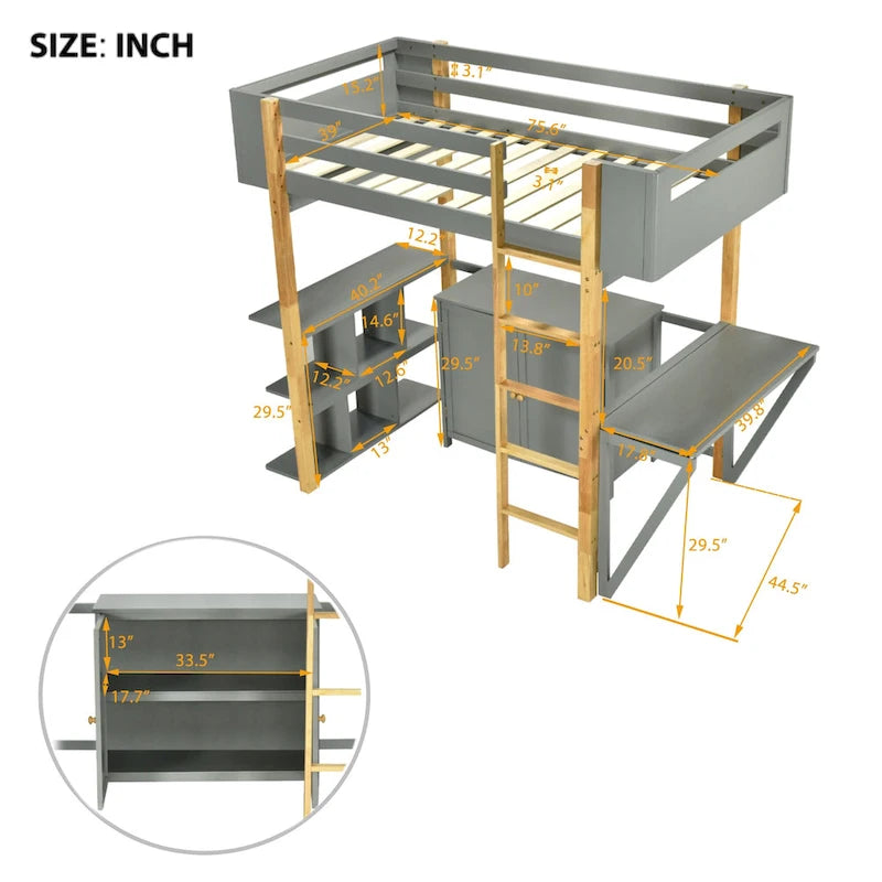 Letto a soppalco in legno massello grigio singolo con contenitore integrato e scrivania pieghevole