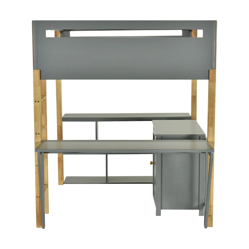 Letto a soppalco in legno massello grigio singolo con contenitore integrato e scrivania pieghevole
