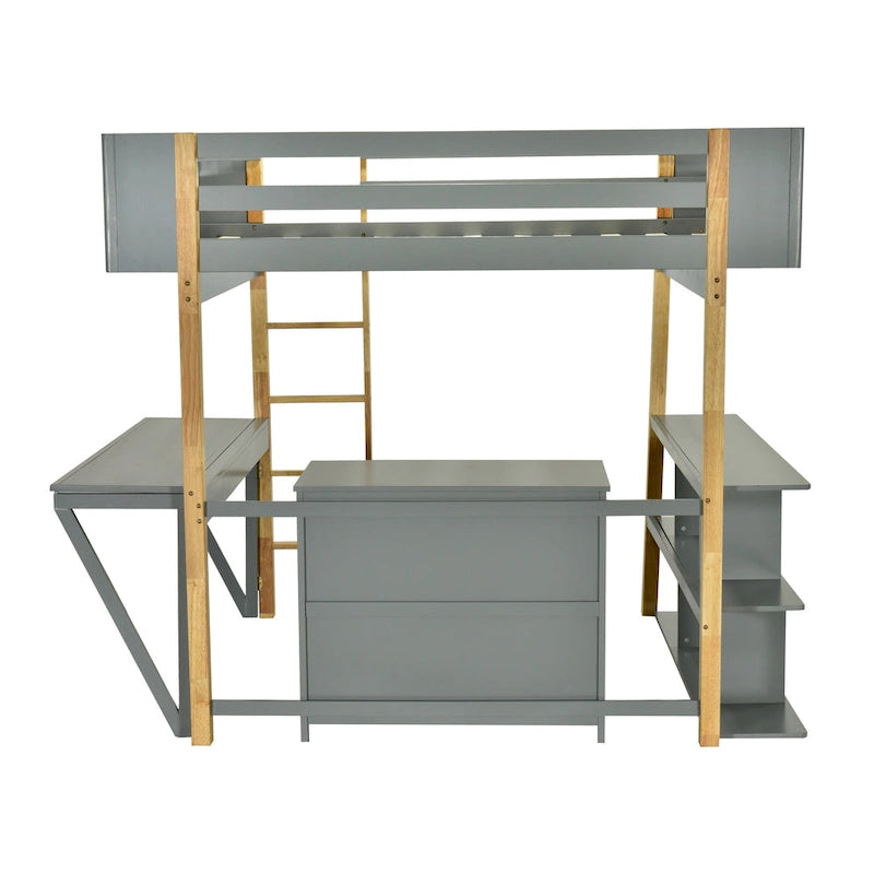 Letto a soppalco in legno massello grigio singolo con contenitore integrato e scrivania pieghevole