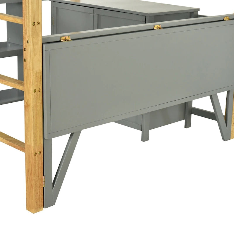 Letto a soppalco in legno massello grigio singolo con contenitore integrato e scrivania pieghevole