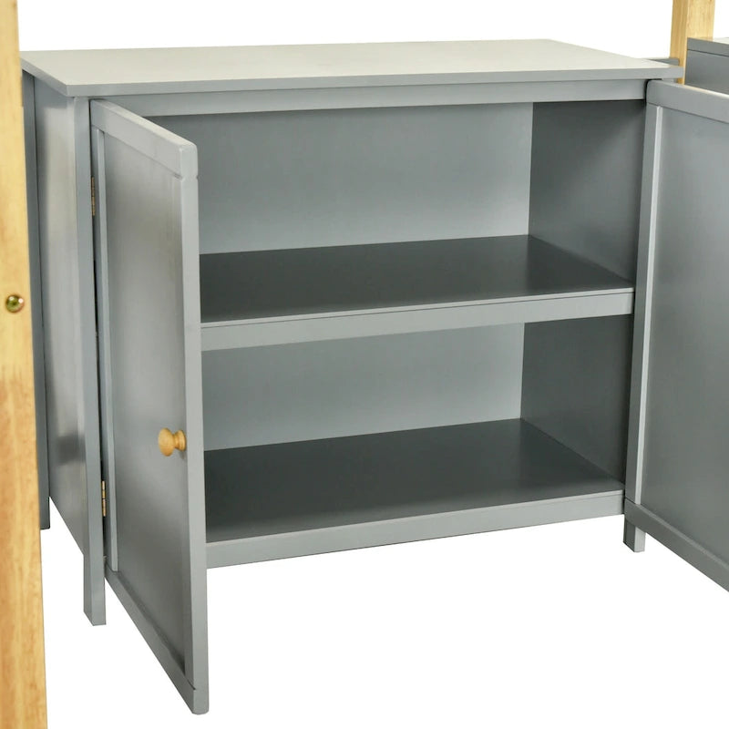 Letto a soppalco in legno massello grigio singolo con contenitore integrato e scrivania pieghevole