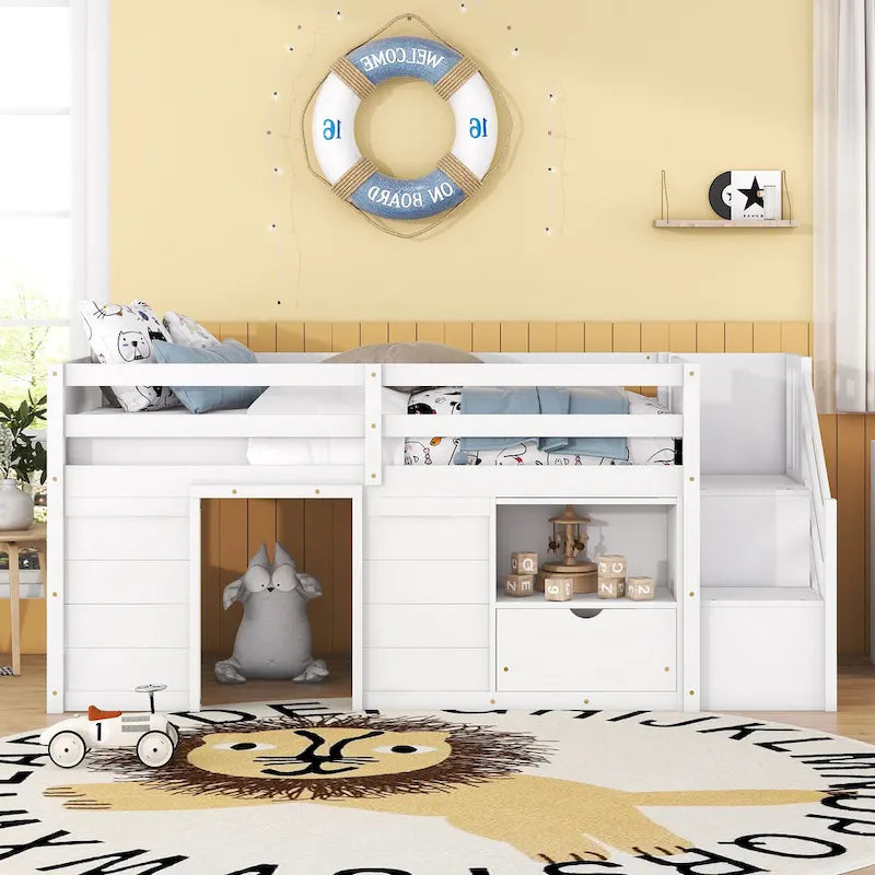 Letto basso a soppalco singolo in legno massello bianco con scalini