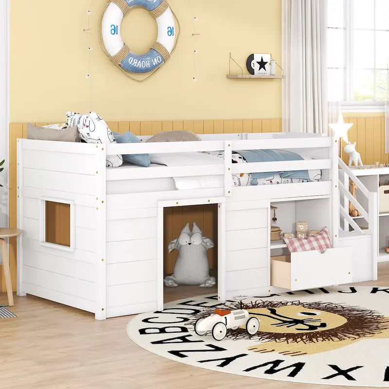 Letto basso a soppalco singolo in legno massello bianco con scalini