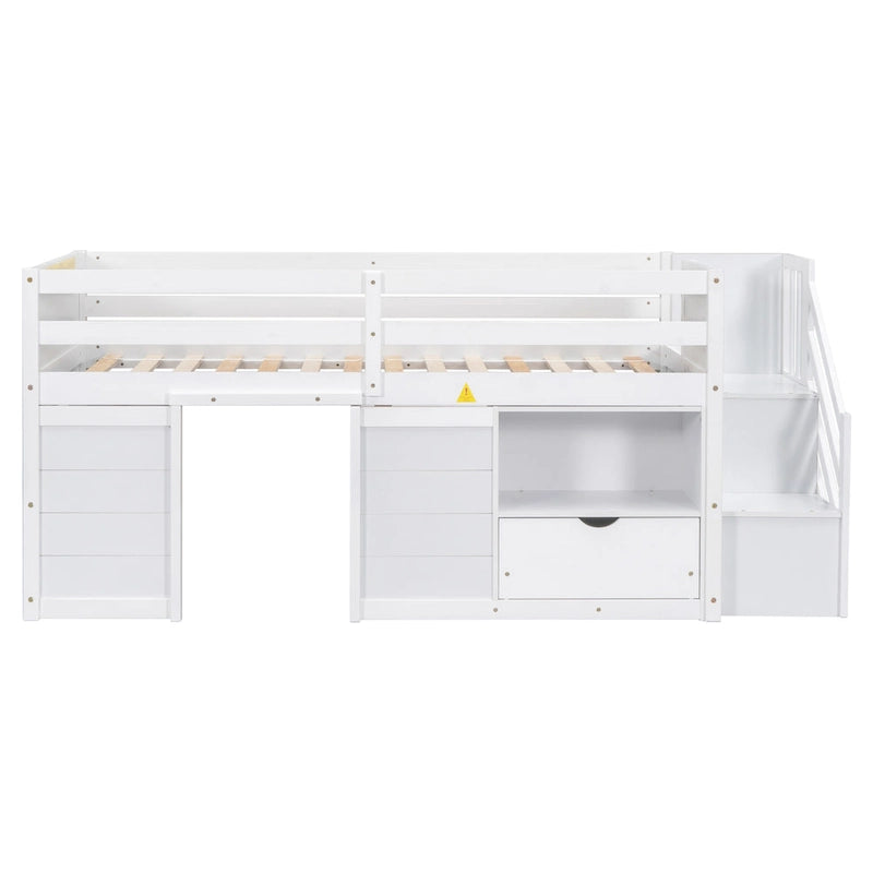 Letto basso a soppalco singolo in legno massello bianco con scalini