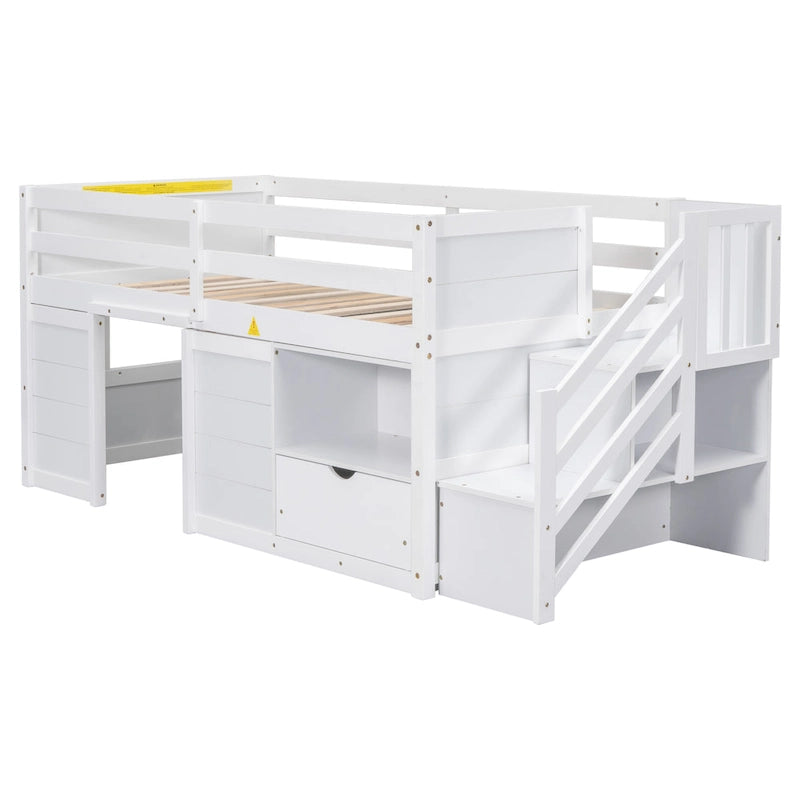 Letto basso a soppalco singolo in legno massello bianco con scalini