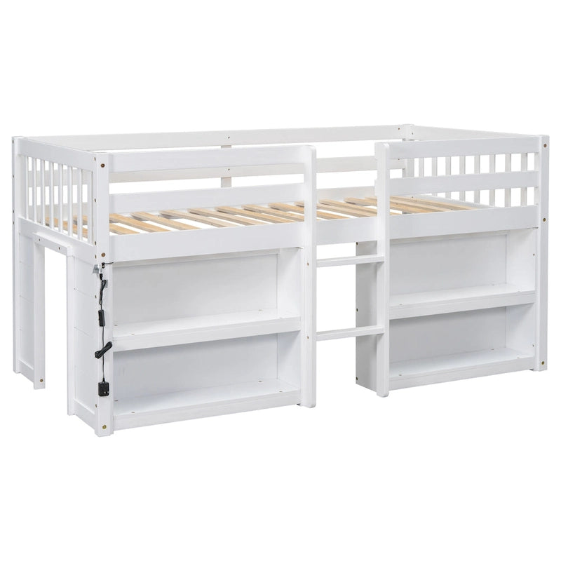Letto basso a soppalco singolo in legno bianco con ripiani a due livelli e LED