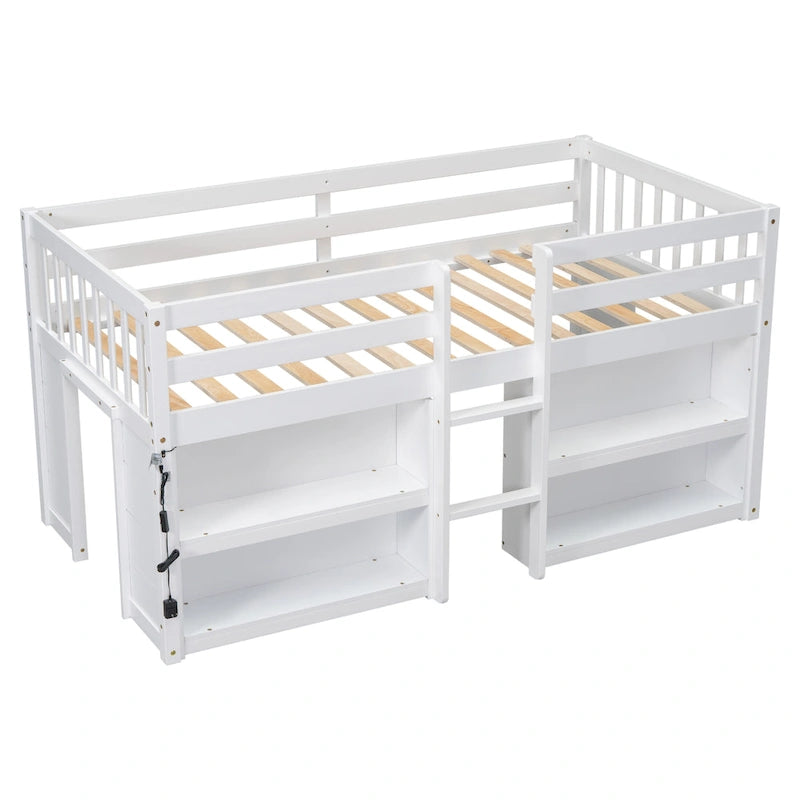 Letto basso a soppalco singolo in legno bianco con ripiani a due livelli e LED