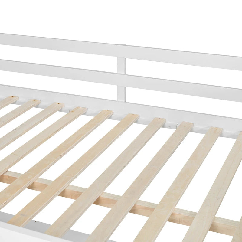 White Full Size Solid Wood Loft Bed with Desk, Blackboard, and Storage