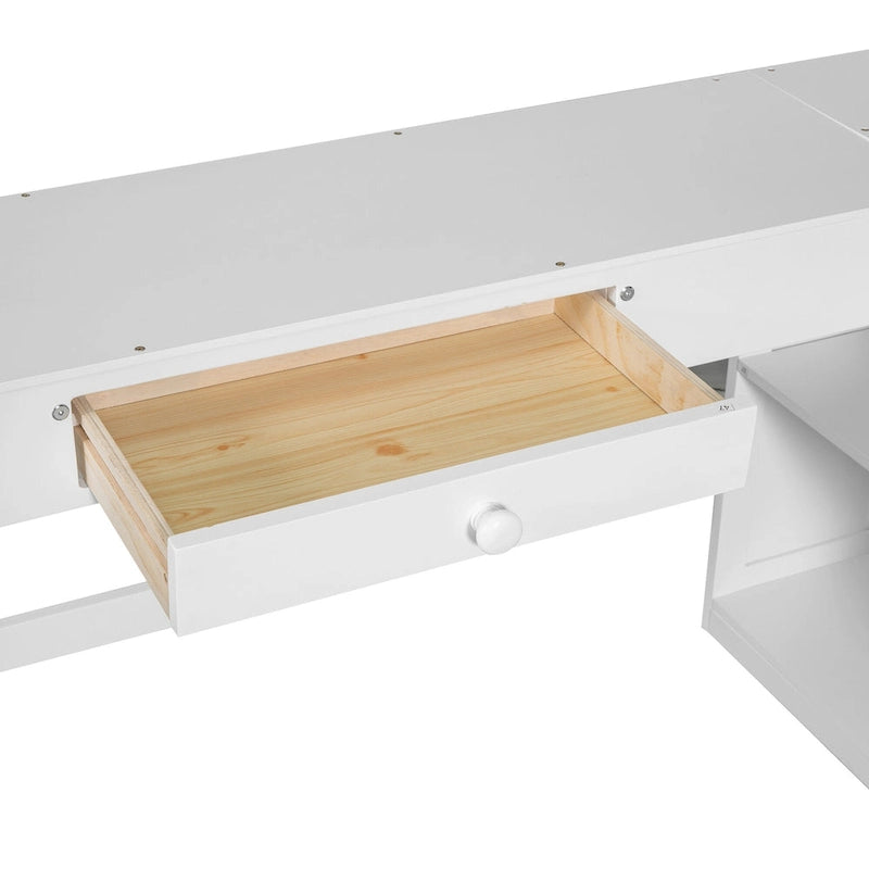 Letto a soppalco bianco matrimoniale in legno massello con scrivania, lavagna e contenitore