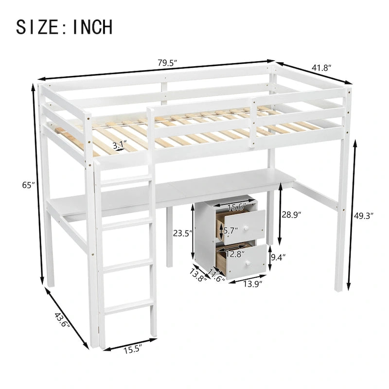 Letto a soppalco in legno bianco singolo con spazio sottostante, scrivania integrata, armadietto contenitore a 2 cassetti, sponde di sicurezza e scala