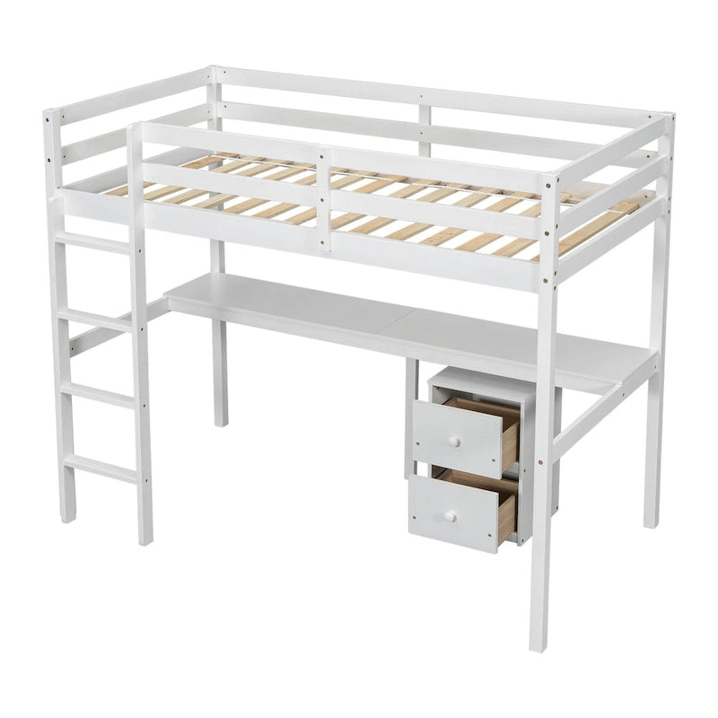 Letto a soppalco in legno bianco singolo con spazio sottostante, scrivania integrata, armadietto contenitore a 2 cassetti, sponde di sicurezza e scala
