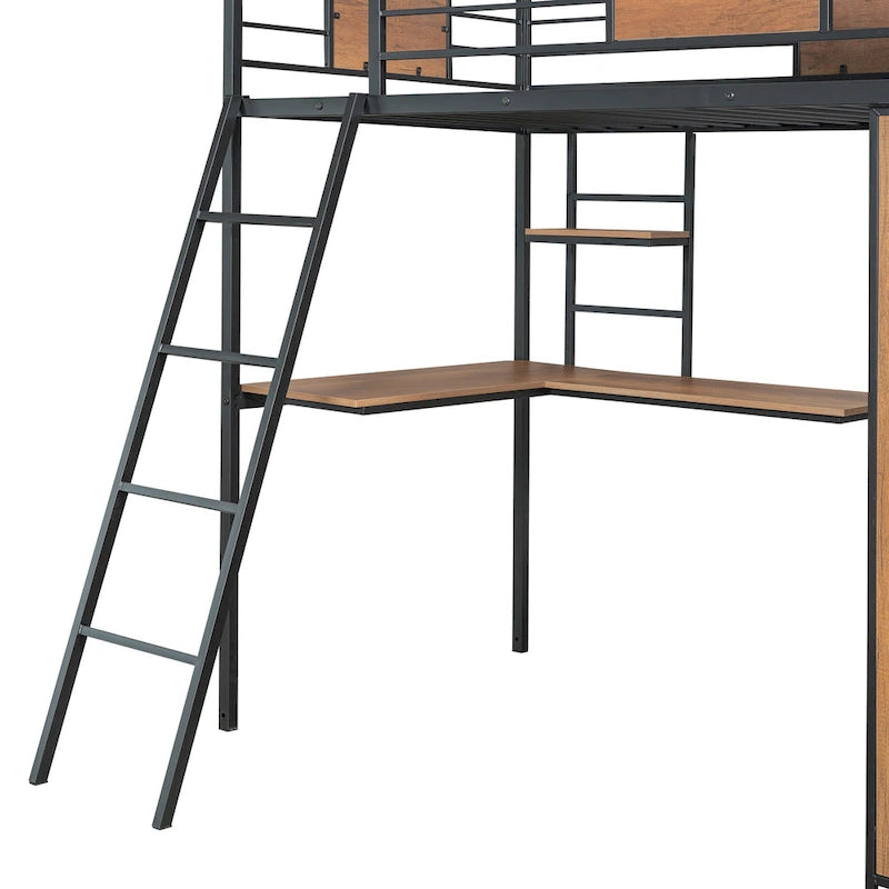 Letto a soppalco singolo nero in metallo e legno con scrivania a L, armadio, protezione e scala