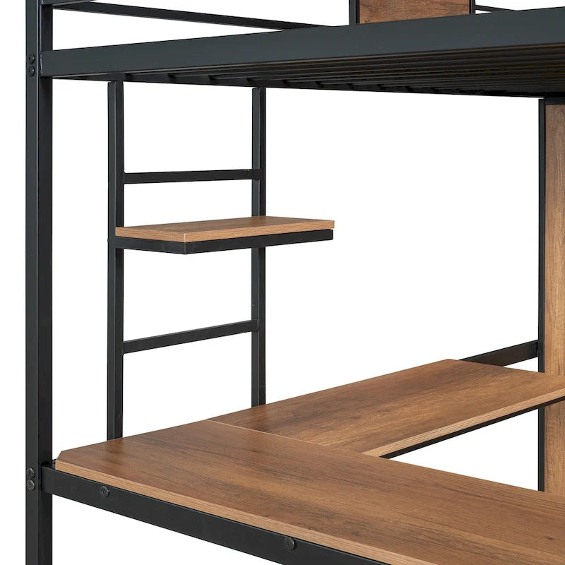 Letto a soppalco singolo nero in metallo e legno con scrivania a L, armadio, protezione e scala