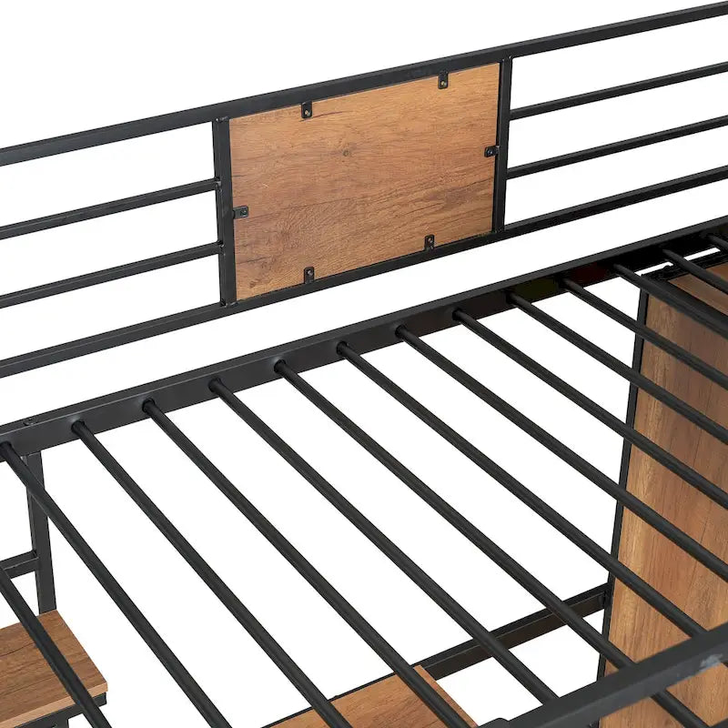 Letto a soppalco singolo nero in metallo e legno con scrivania a L, armadio, protezione e scala