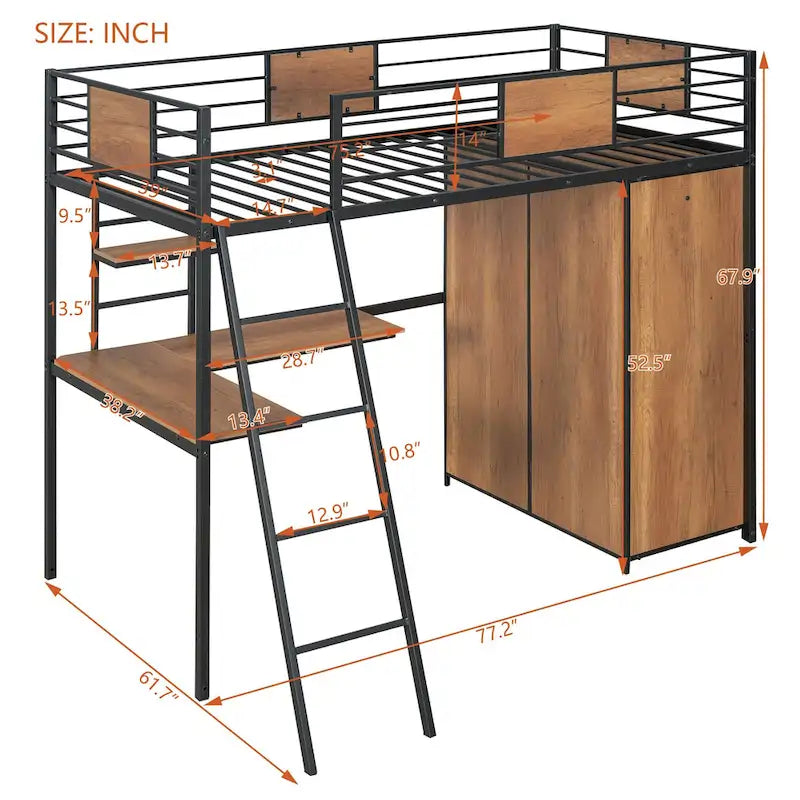Letto a soppalco singolo nero in metallo e legno con scrivania a L, armadio, protezione e scala