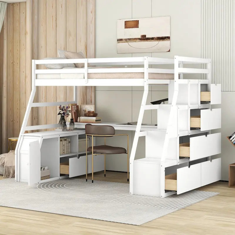 Letto a soppalco singolo in legno bianco con cassetti, scaffali e scrivania