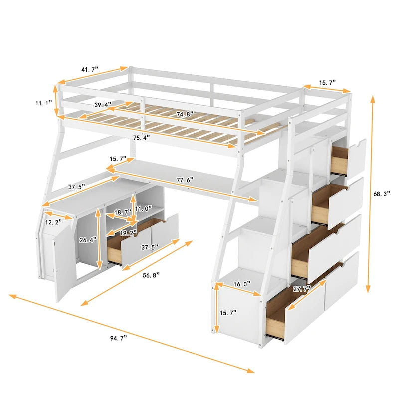 Letto a soppalco singolo in legno bianco con cassetti, scaffali e scrivania