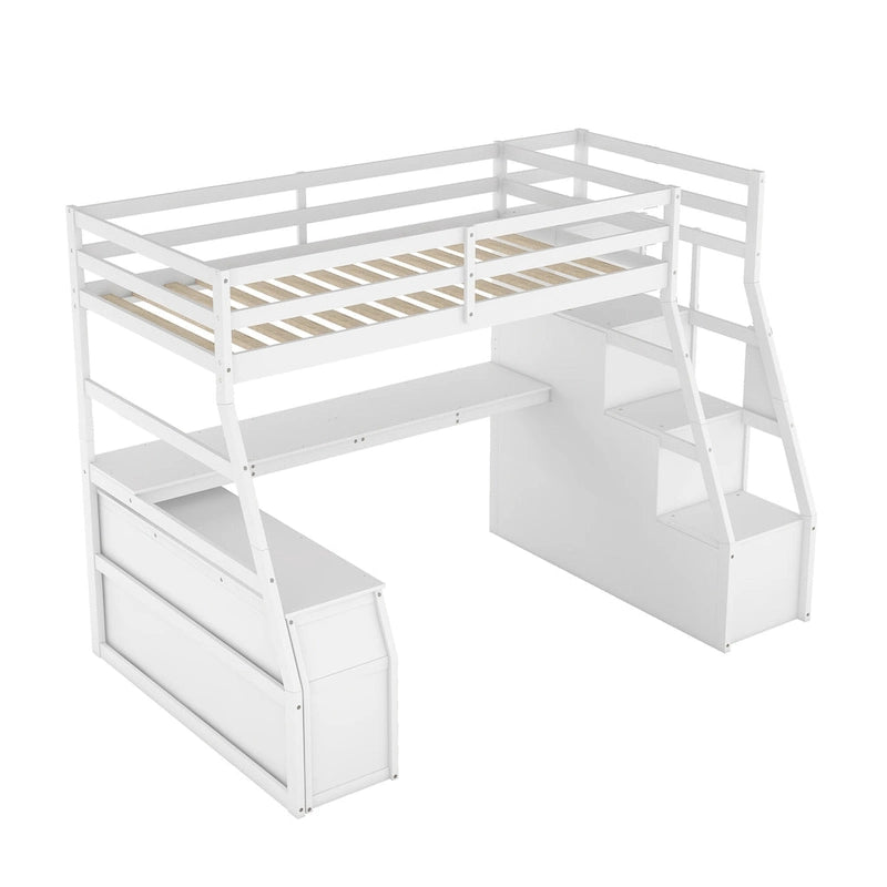 Letto a soppalco singolo in legno bianco con cassetti, scaffali e scrivania