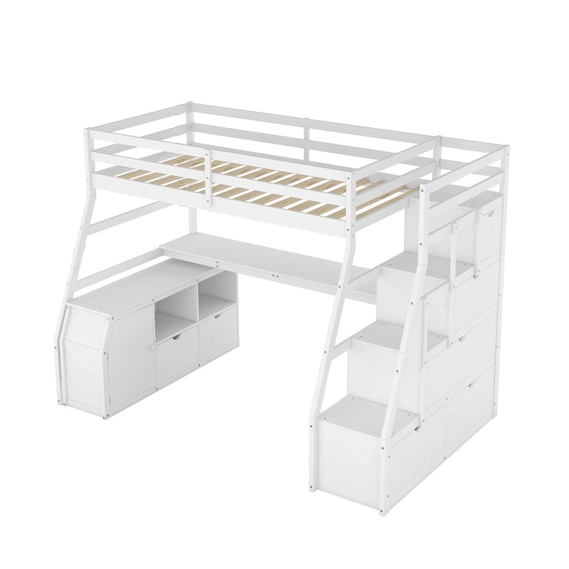 Weißes Hochbett aus Holz für Einzelmatratze mit Schubladen, Regalen und Schreibtisch