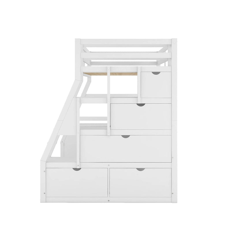 Letto a soppalco singolo in legno bianco con cassetti, scaffali e scrivania