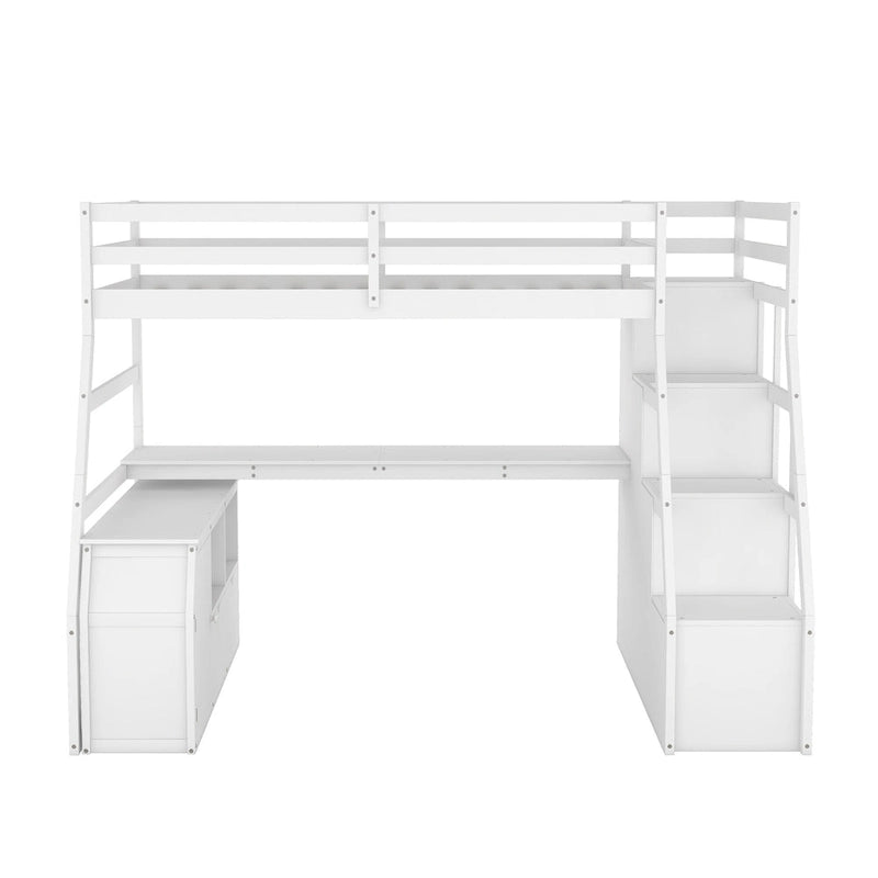 Weißes Hochbett aus Holz für Einzelmatratze mit Schubladen, Regalen und Schreibtisch