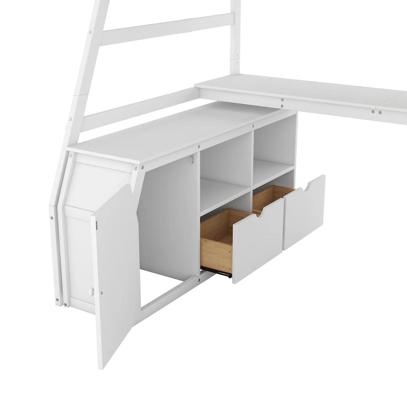 Weißes Hochbett aus Holz für Einzelmatratze mit Schubladen, Regalen und Schreibtisch