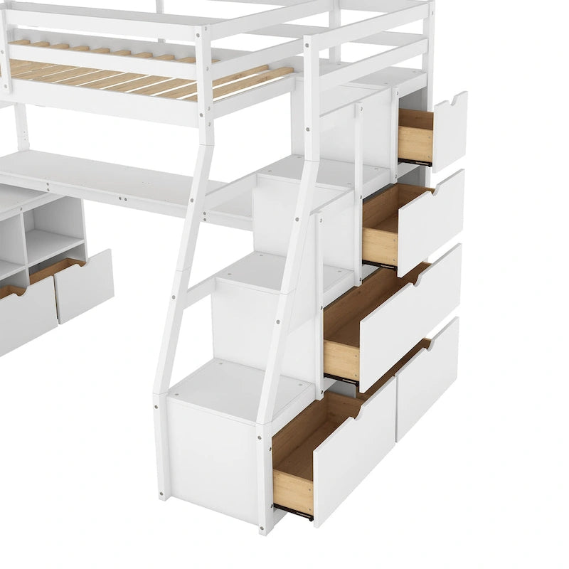 Weißes Hochbett aus Holz für Einzelmatratze mit Schubladen, Regalen und Schreibtisch