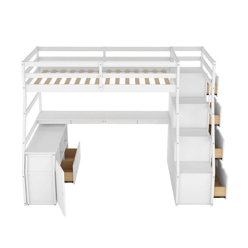 Weißes Hochbett aus Holz für Einzelmatratze mit Schubladen, Regalen und Schreibtisch