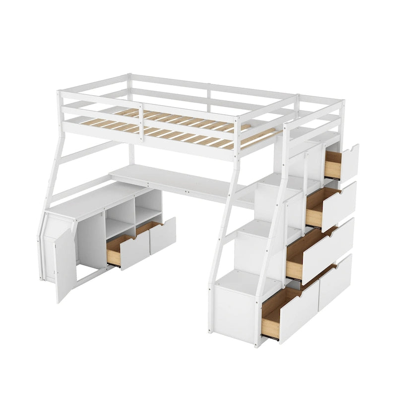 Weißes Hochbett aus Holz für Einzelmatratze mit Schubladen, Regalen und Schreibtisch