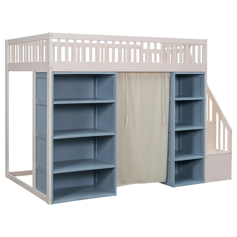 White Full Size Solid Wood Loft Bed with 2 Storage Cabinets and Curtain