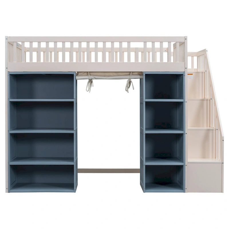 White Full Size Solid Wood Loft Bed with 2 Storage Cabinets and Curtain