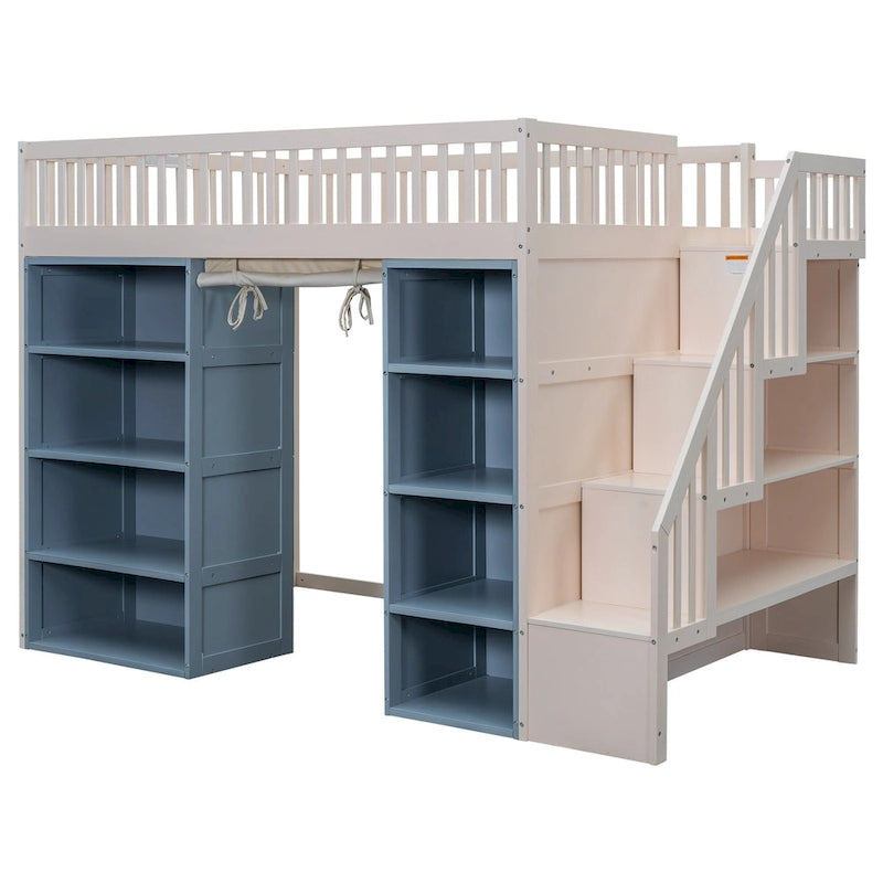 White Full Size Solid Wood Loft Bed with 2 Storage Cabinets and Curtain