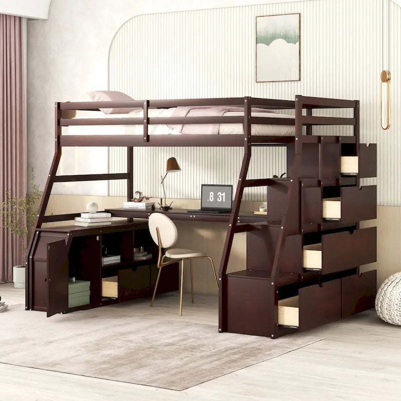 Letto a soppalco in legno color espresso, misura singola, con cassetti, ripiani e scrivania