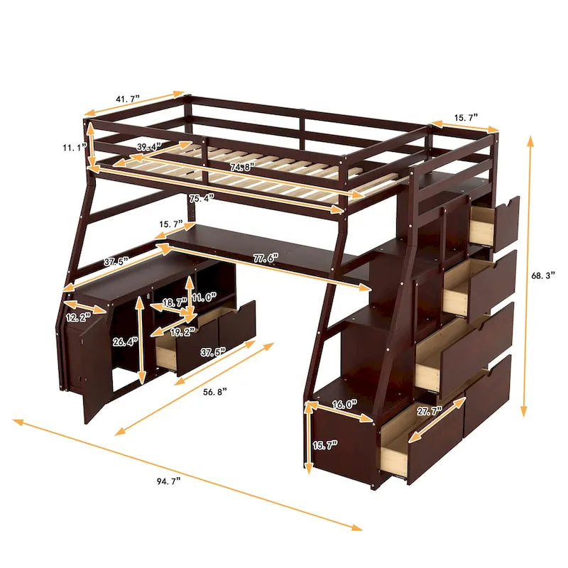 Espresso Twin Size Wood Loft Bed with Drawers, Shelves & Desk