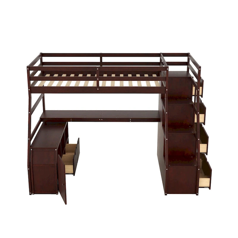Letto a soppalco in legno color espresso, misura singola, con cassetti, ripiani e scrivania