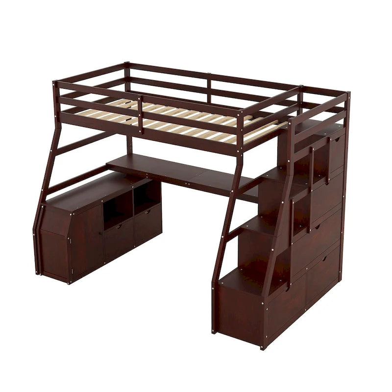 Letto a soppalco in legno color espresso, misura singola, con cassetti, ripiani e scrivania