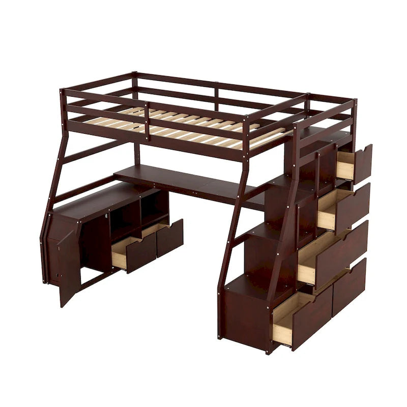 Letto a soppalco in legno color espresso, misura singola, con cassetti, ripiani e scrivania