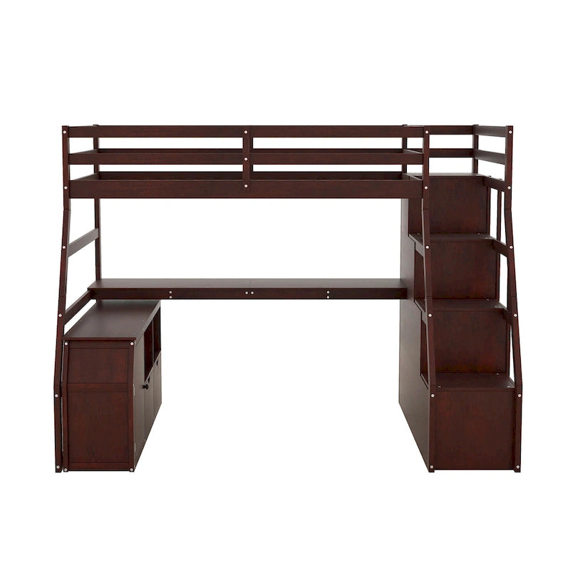 Letto a soppalco in legno color espresso, misura singola, con cassetti, ripiani e scrivania
