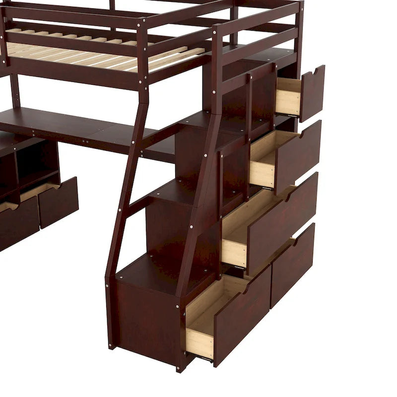 Letto a soppalco in legno color espresso, misura singola, con cassetti, ripiani e scrivania