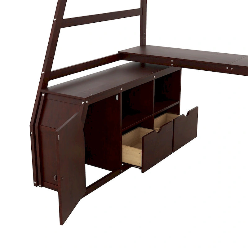 Letto a soppalco in legno color espresso, misura singola, con cassetti, ripiani e scrivania