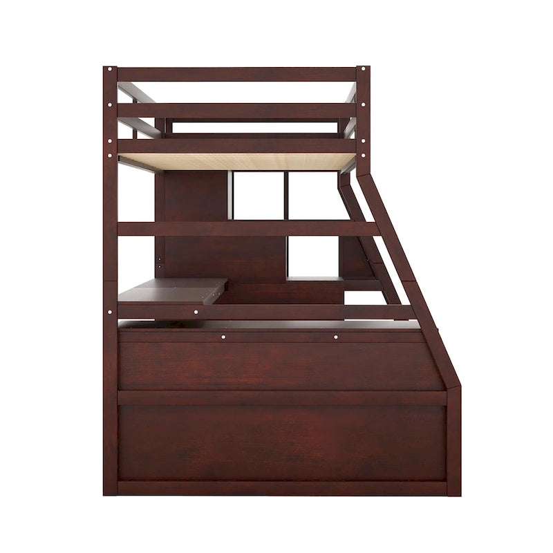 Letto a soppalco in legno color espresso, misura singola, con cassetti, ripiani e scrivania